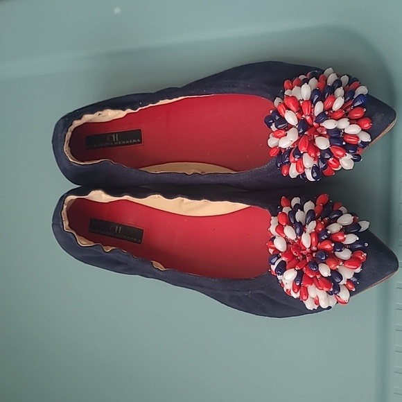 Carolina Herrera Blue Suede Red/White/Red Decorative Bow Flat Shoes Size 38/7.5 - Picture 2 of 8